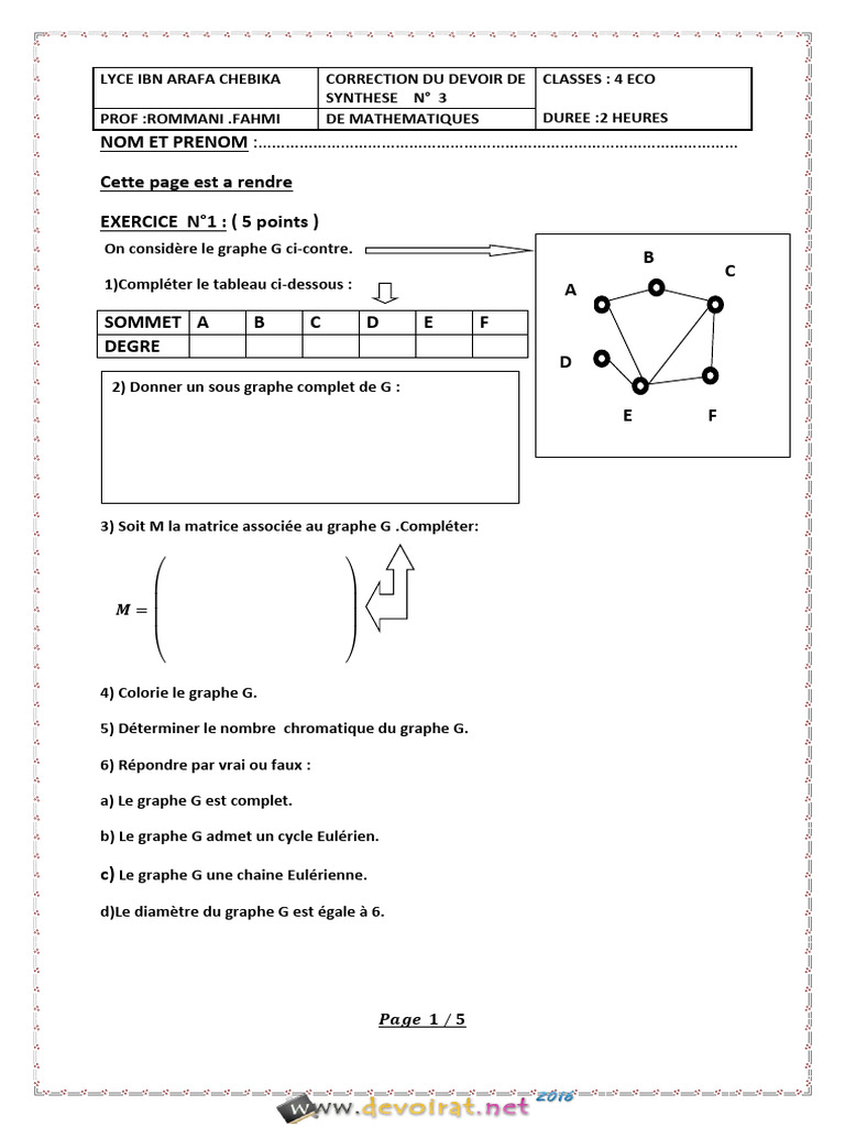 Devoir de Synthèse N°3 Avec correction- Math graphes probabiliste suite ...