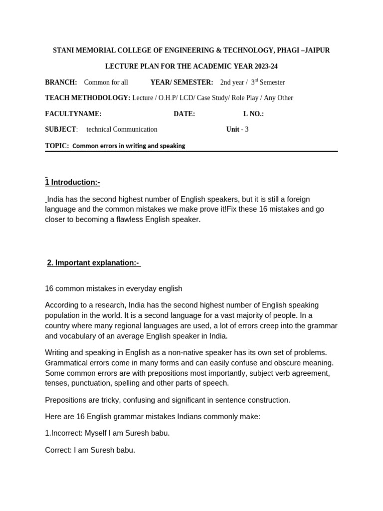 Common Errors in Writing and Speaking | PDF | English Language | Verb