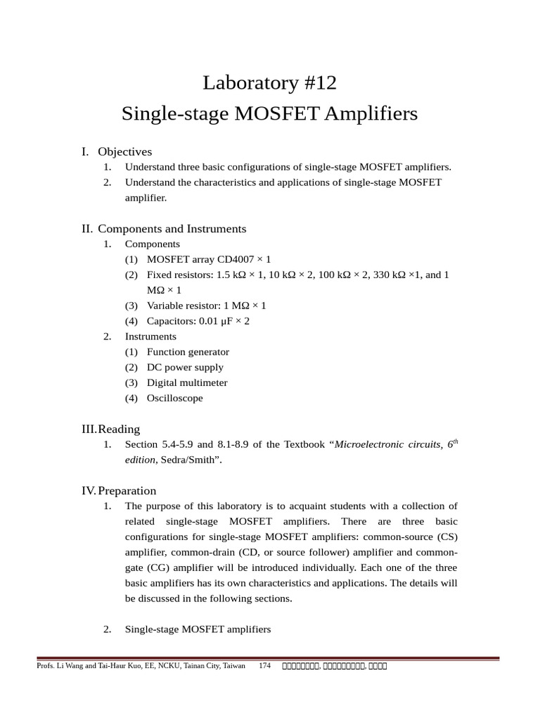 Laboratory #12 Single-stage MOSFET Amplifiers. (1) | PDF | Amplifier ...