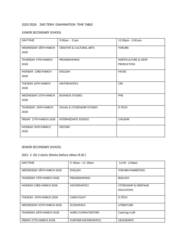 2nd Term Examination Time-Table | PDF