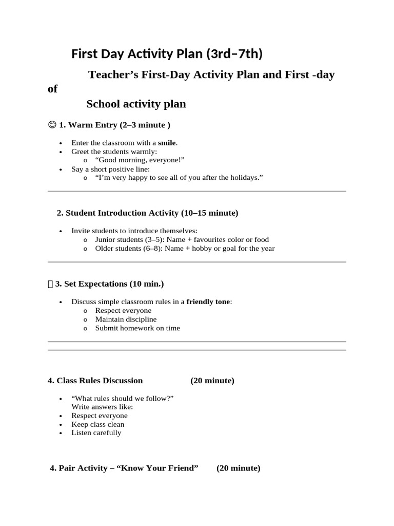 First Day Activity Plan | PDF