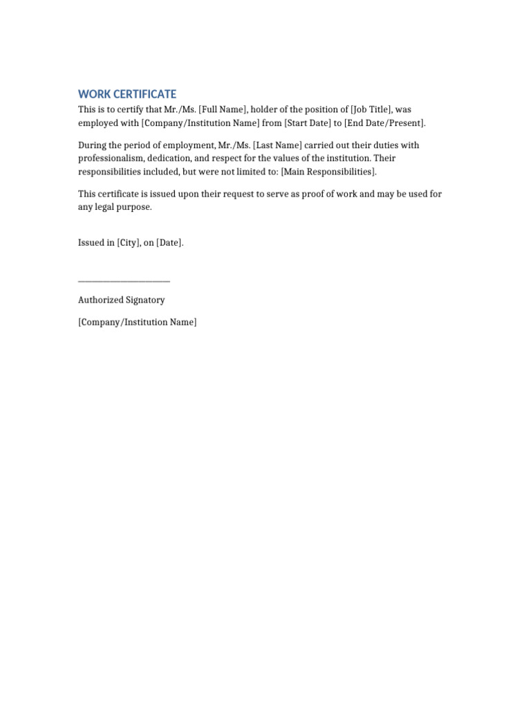 Work Certificate Template | PDF