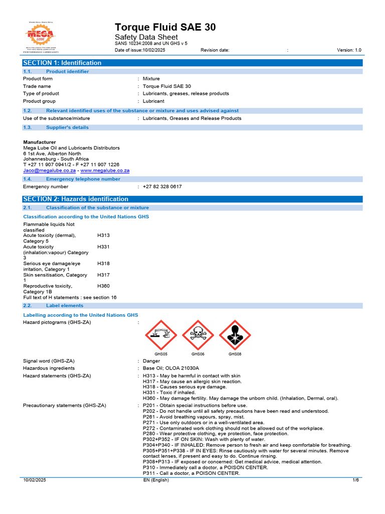 MSDS 2025 - Torque Fluid SAE 30 | PDF | Dangerous Goods | Toxicity