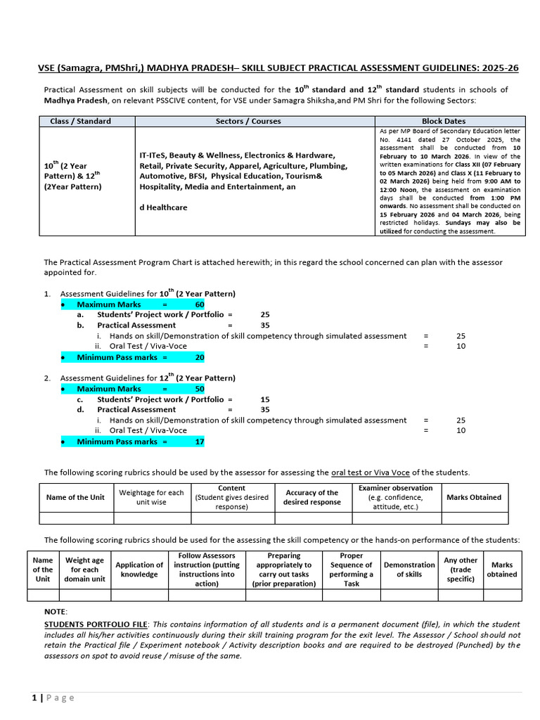 2025-26 Final Practical Assessment Guidelines - Madhya Pradesh - VSE | PDF