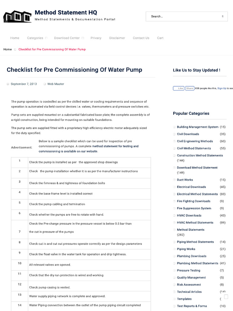 Checklist for Pre Commissioning of Water Pump - Method Statement HQ | PDF