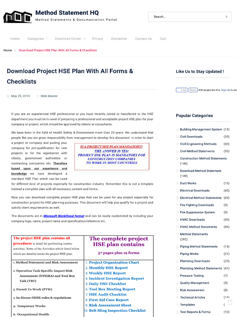 Download Project HSE Plan With All Forms & Checklists - Method ...