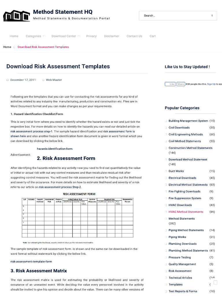 Download Risk Assessment Templates - Method Statement HQ | PDF