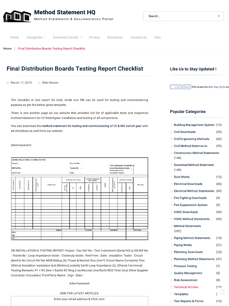 Final Distribution Boards Testing Report Checklist - Method Statement ...