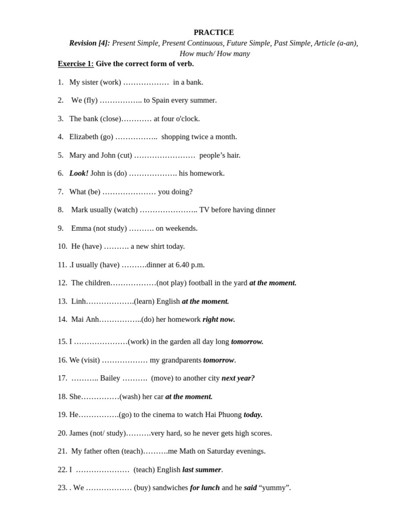 4 Present Simple Present Continuous Future Simple Past Simple How Much ...