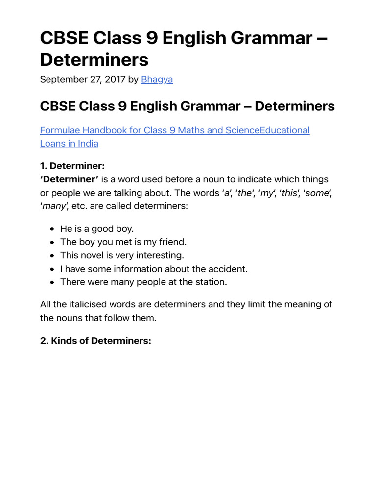 CBSE Class 9 English Grammar - Determiners - Learn CBSE | PDF | English ...
