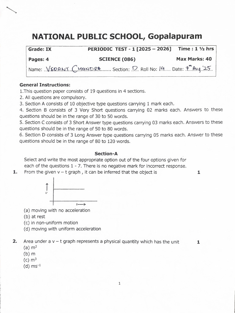 Grade 9 2025-26 QP PT1 Science | PDF