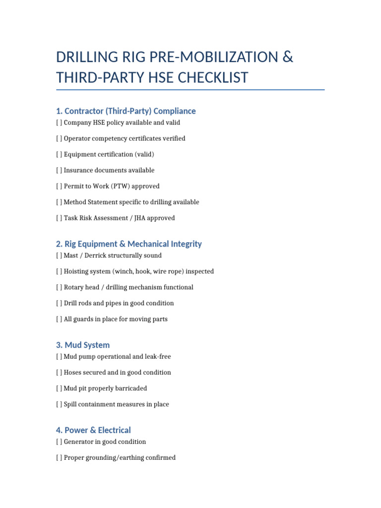 Drilling Rig Premob Checklist | PDF