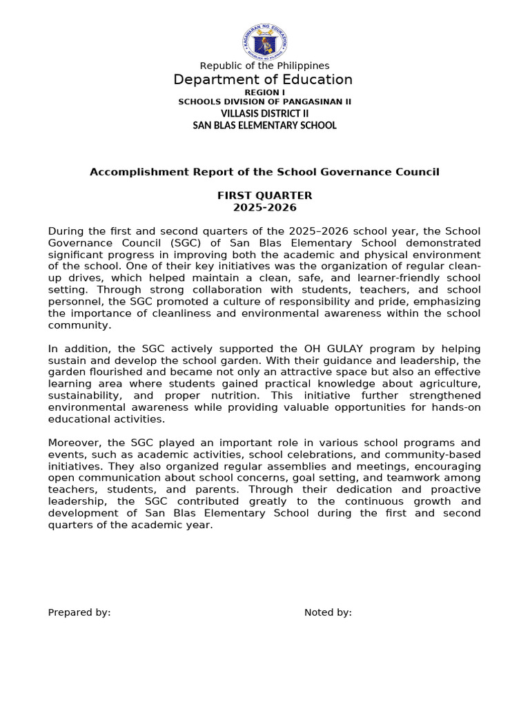 Accomplishment Report of SGC 2025-2026 First | PDF | Teachers
