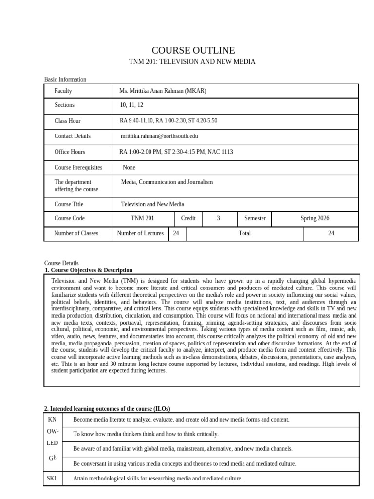 MKAR Spring 2026 TNM 201 Syllabus | PDF | Lecture | Critical Thinking