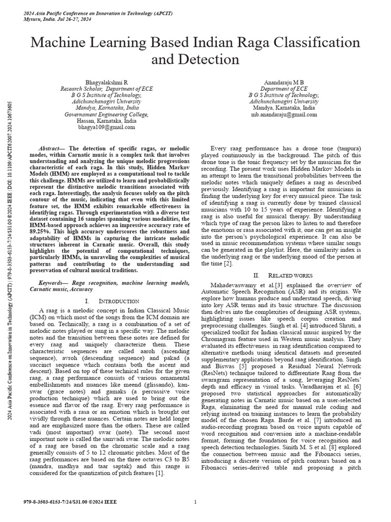 Machine Learning Based Indian Raga Classification and Detection | PDF ...