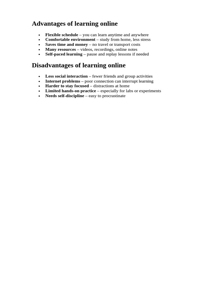 Advantages and Disadvantages of Learning Online | PDF