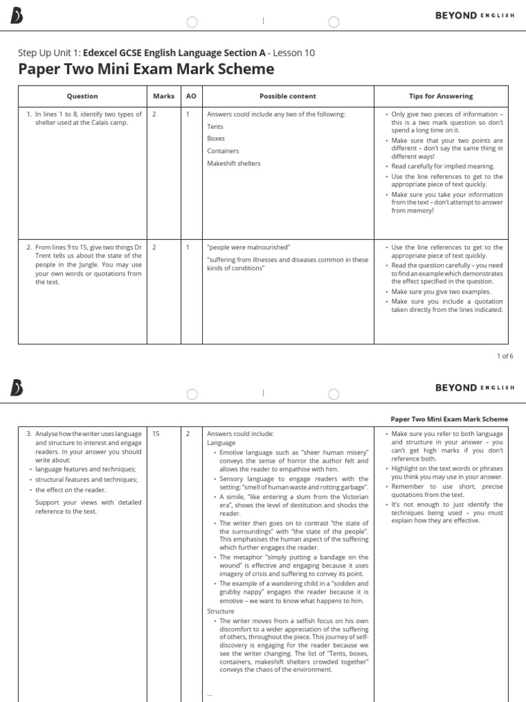 Paper Two Mini Exam Mark Scheme | PDF