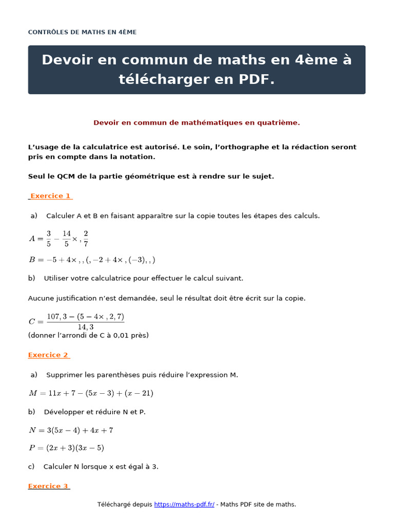 Devoir en Commun de Maths en 4eme A Telecharger en PDF Controles de ...