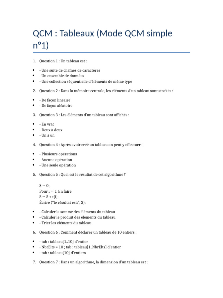 QCM Tableaux Algorithme | PDF