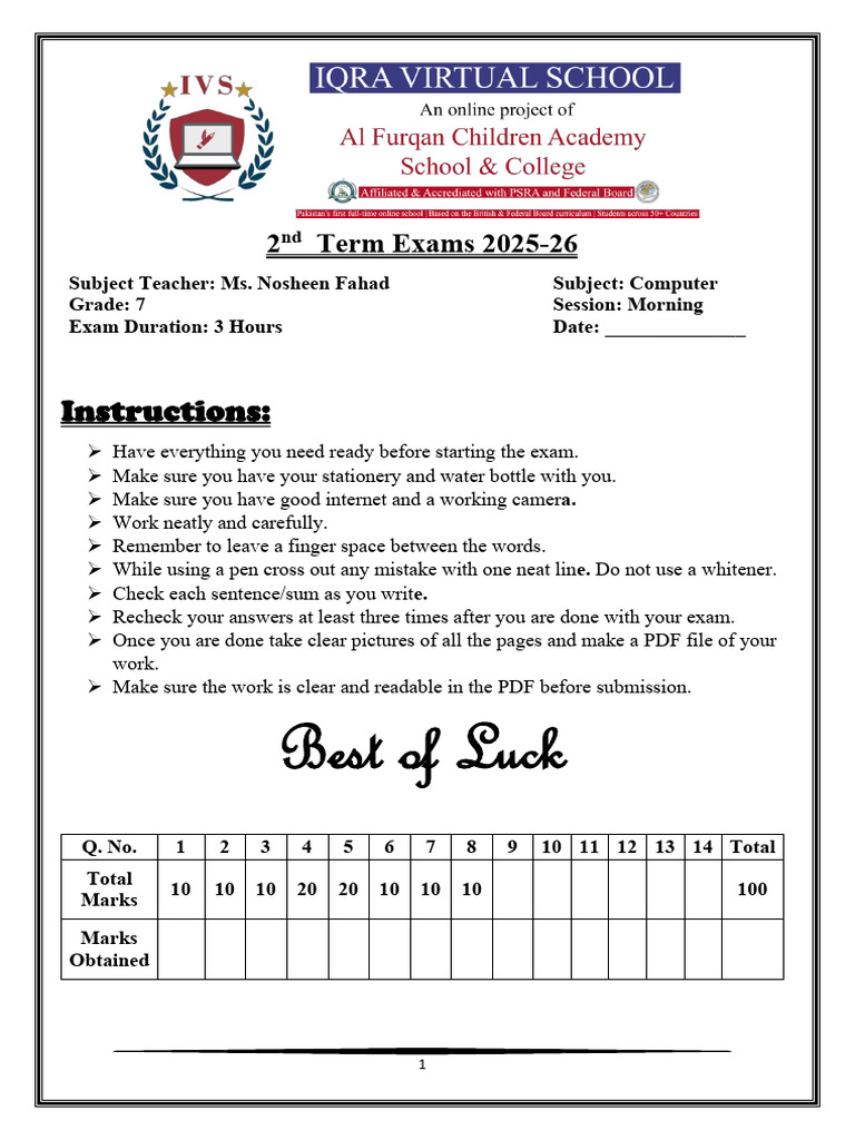 Grade 7 (Computer) 2nd Term Exams Paper | PDF | Spreadsheet | Computer ...