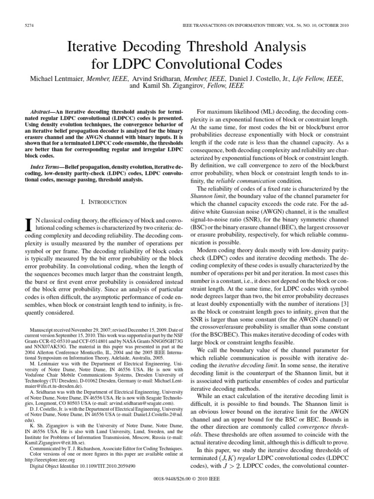 Iterative Decoding Threshold Analysis For LDPC Convolutional Codes ...
