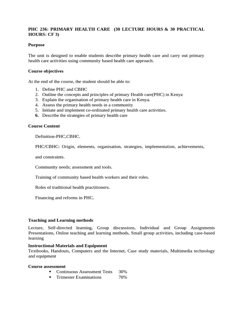 Primary Health Care Course Outline. | PDF