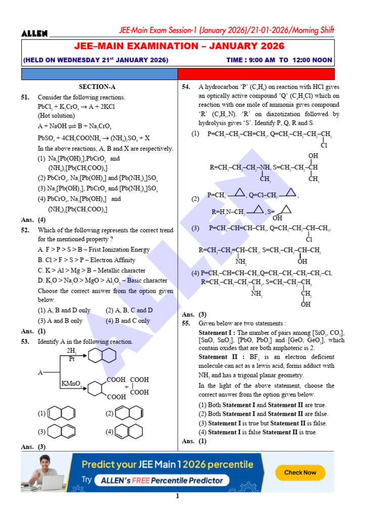2026 Jee Jan Final | PDF | Coordination Complex | Amino Acid