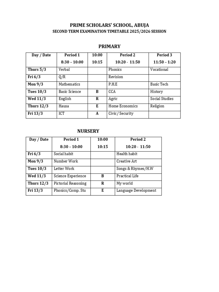 Exam Timetable - 2nd Term 2026 Edited | PDF | Science