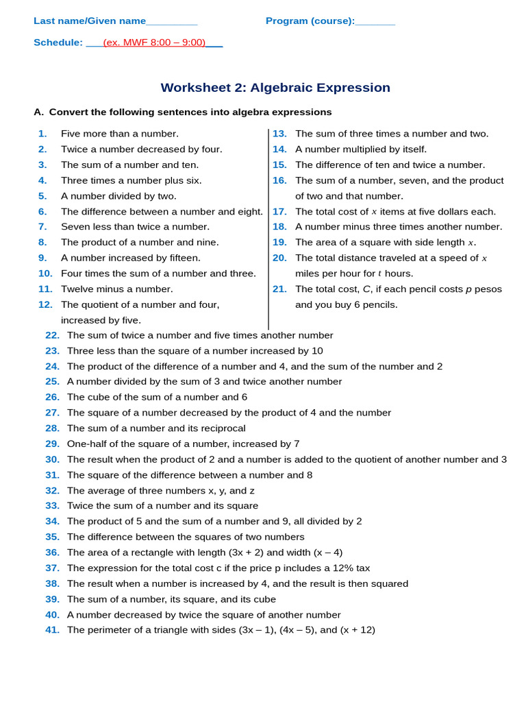 2 Worksheet 2 Mathematical Expressions | PDF | Numbers | Area