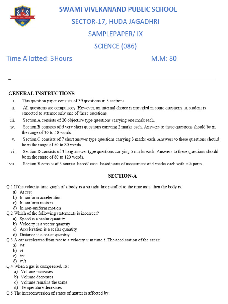 Class 9 Science Sample Paper (2025-26) | PDF | Cell Nucleus | Force