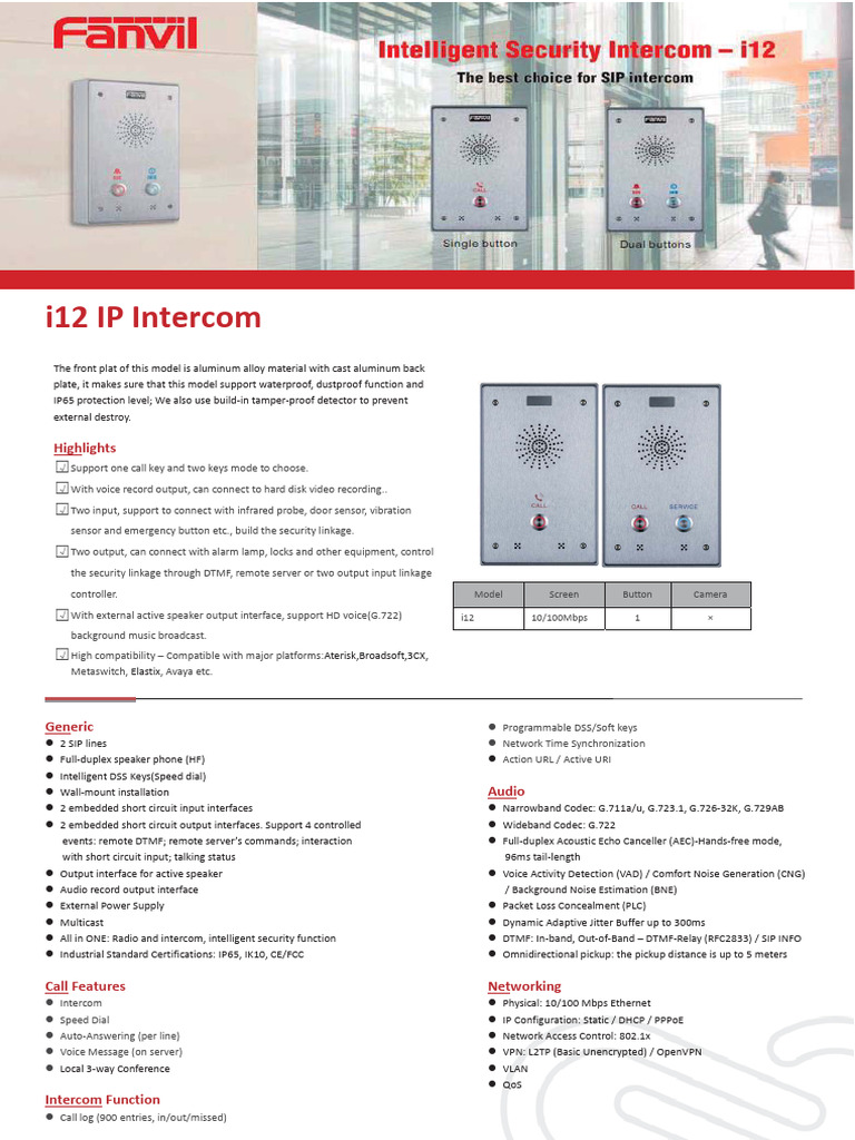 I12 Audio Intercom-I12 Datasheet | PDF | Networking Standards | Network ...