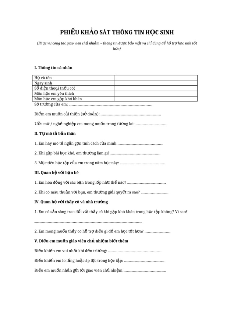 Phieu Khao Sat Thong Tin Hoc Sinh | PDF