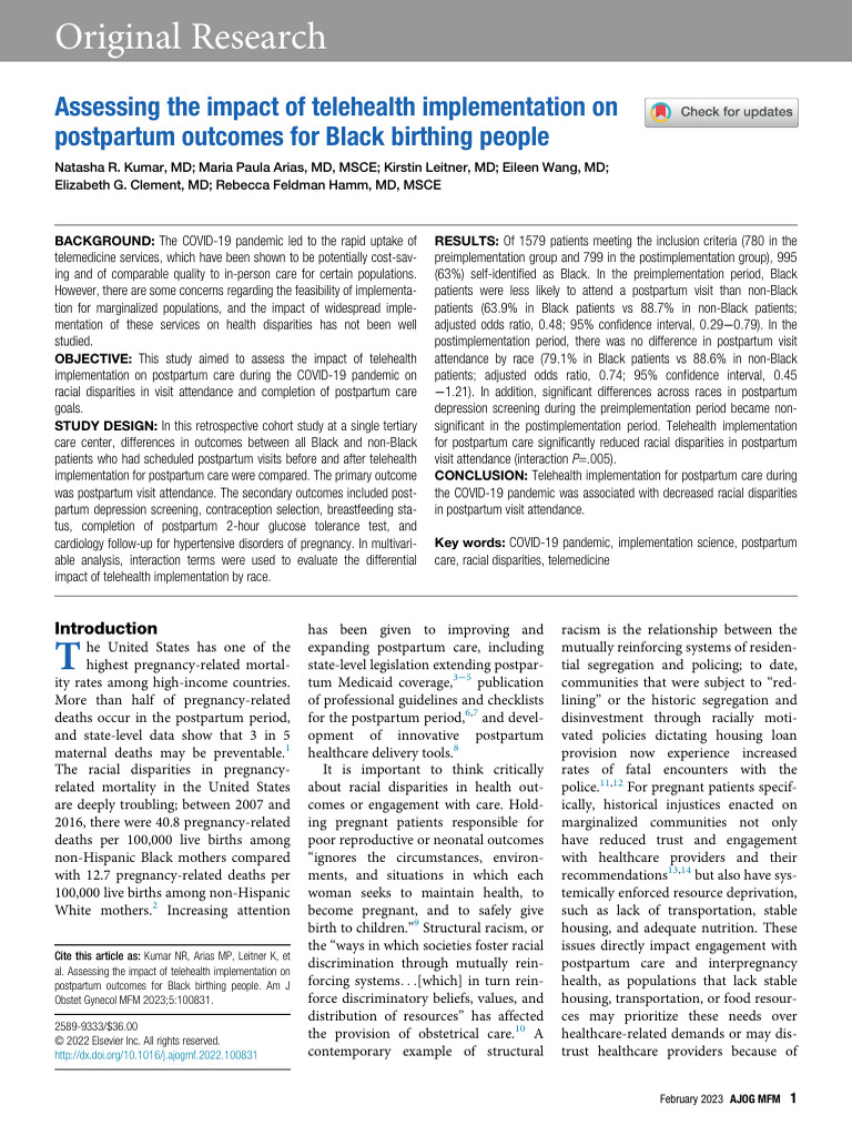 Assessing the Impact of Telehealth Implementation | PDF | Postpartum ...