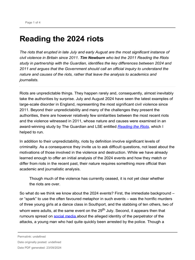 Reading The 2024 Riots | PDF | Riot | Violence