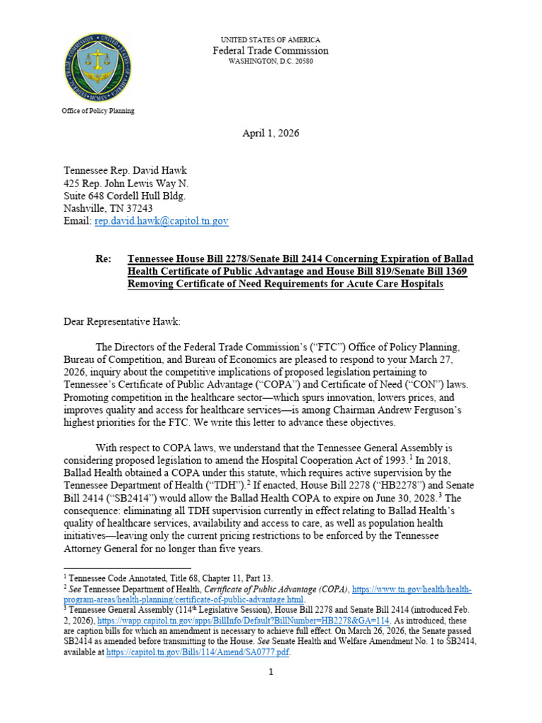 FTC Letter Re TN Copa-Con Bills 4-1-2026 | PDF | Federal Trade ...