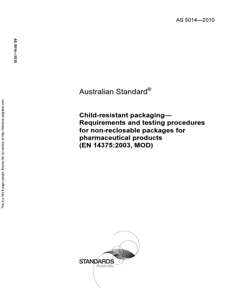 As 50142010 ChildResistant Packaging Requirements and Testing Procedures For NonReclosable