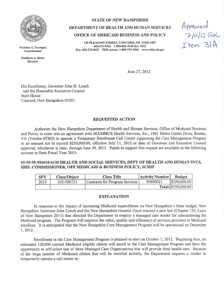 New Hampshire MAXIMUS Medicaid Contract July 11, 2012 PDF