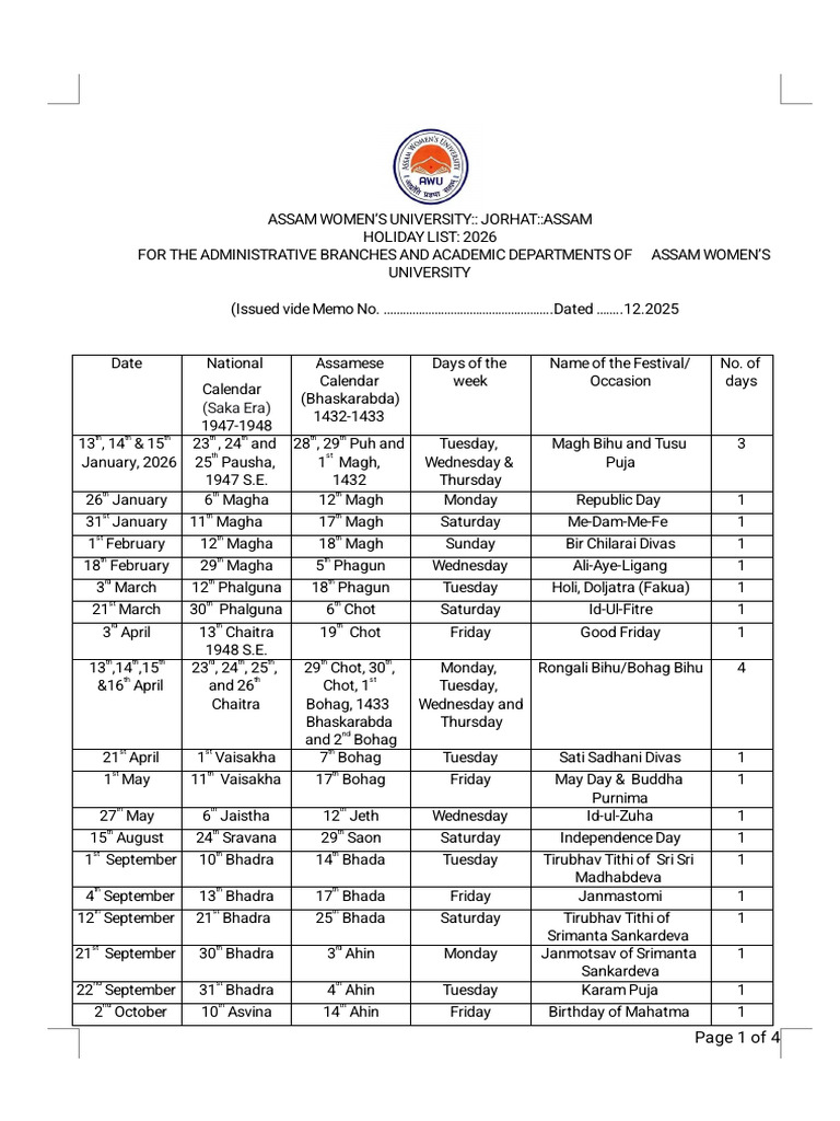 (r) Draft Awu Holiday List 2026 | PDF | Lunisolar Calendars | Ancient ...