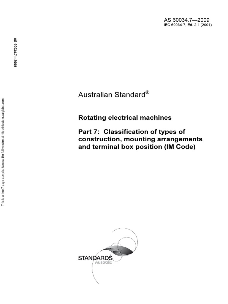 As 60034.72009 Rotating Electrical Machines Classification of Types of