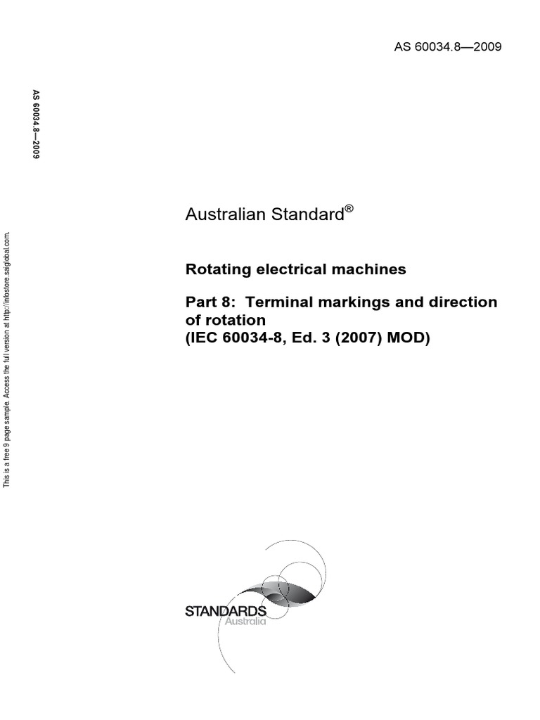 As 60034.8-2009 Rotating Electrical Machines Terminal Markings and ...