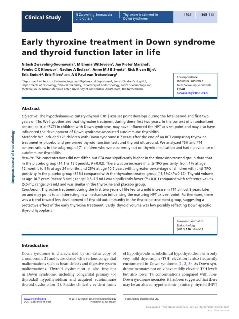 2017 Ok Early Thyroxine Treatment in Down Syndrome | PDF | Thyroid ...