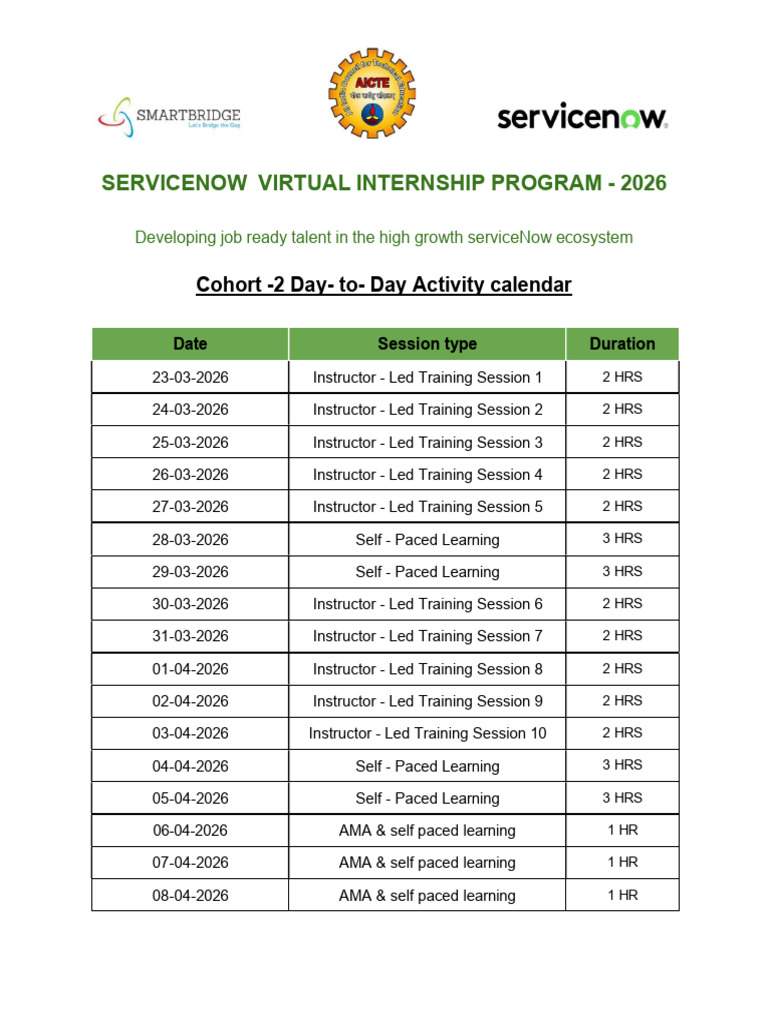 ServiceNow Training Calendar Cohort 2 2026 | PDF