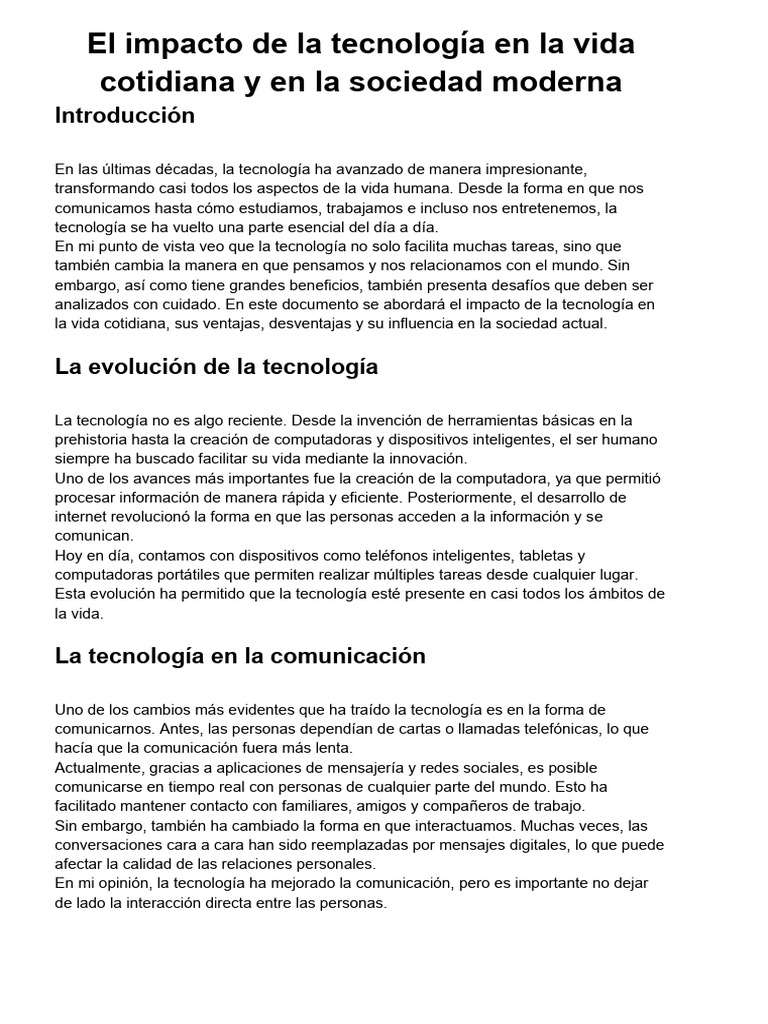 El Impacto de La Tecnología en La Vida Cotidiana y en La Sociedad ...