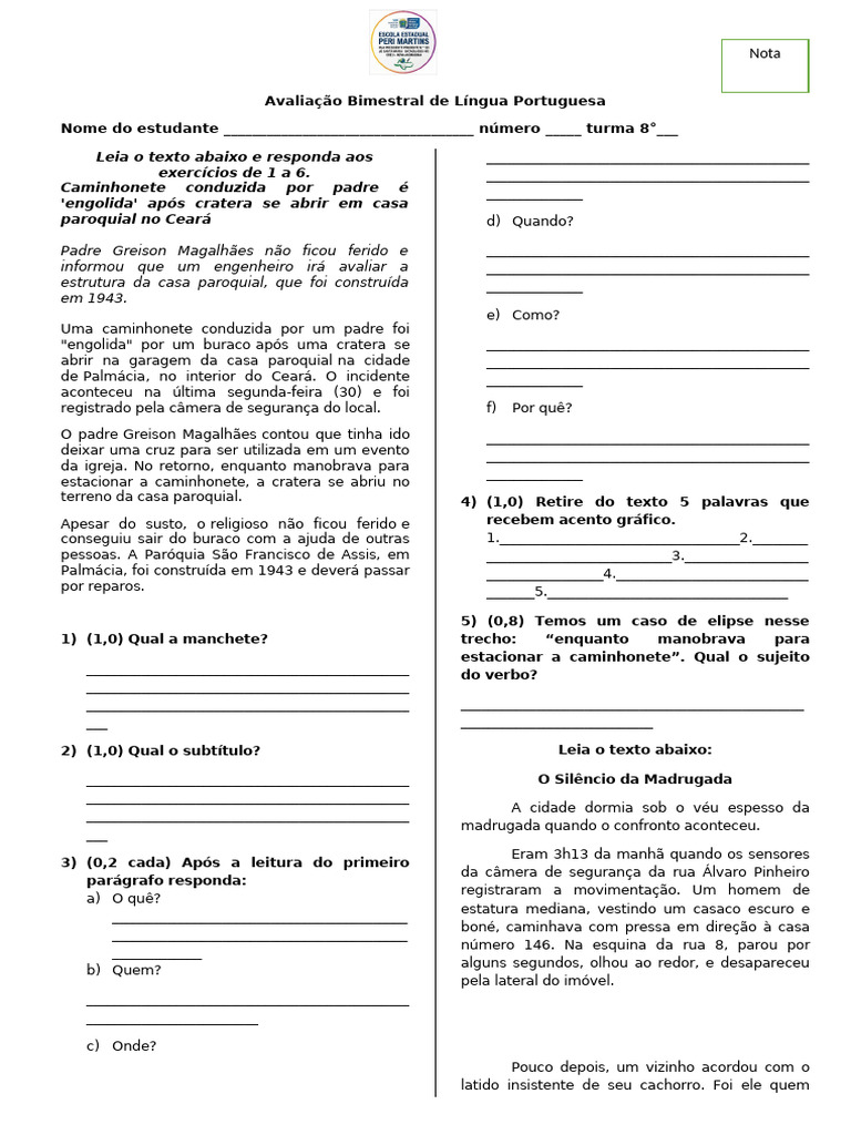 Avaliação Bimestral de Língua Portuguesa - 8°A, 8°B, 8°C | PDF