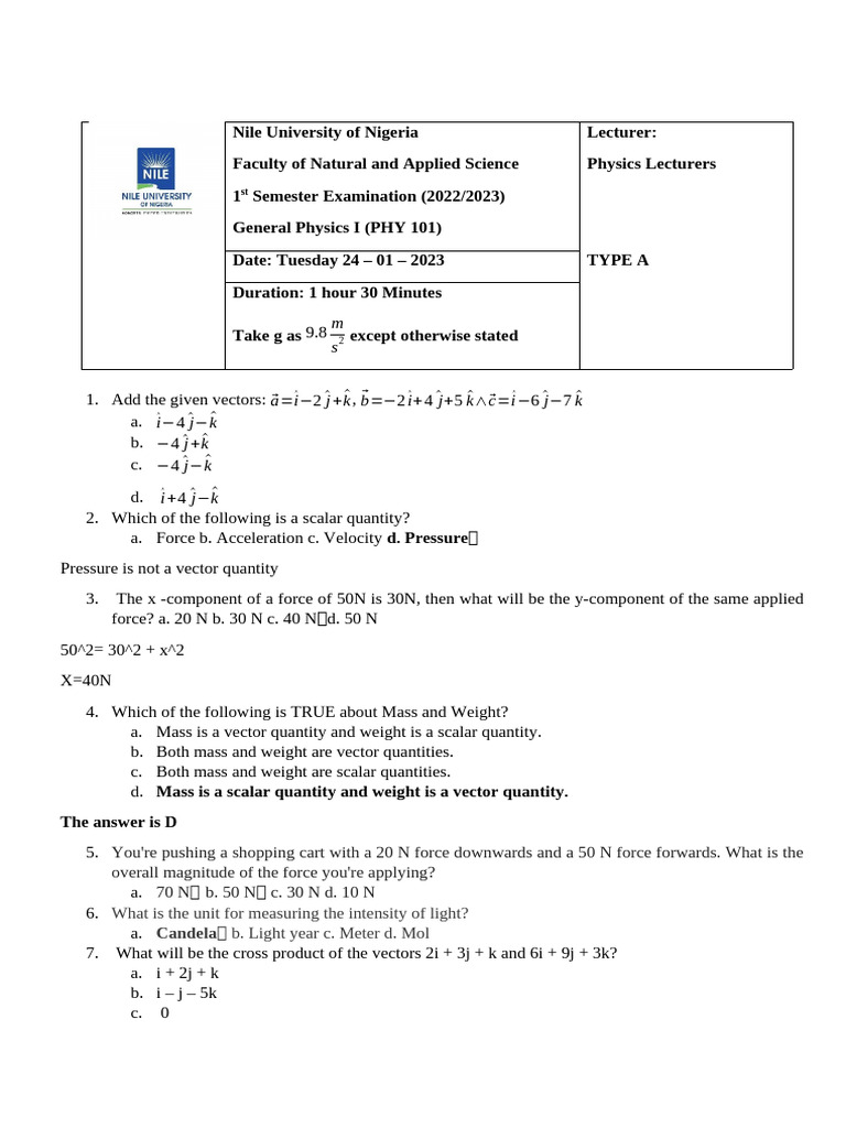 PHY 101 Final Examination 2022-2023-1 2 | PDF | Force | Euclidean Vector
