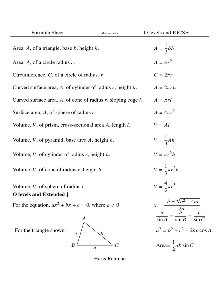 (I) GCSE Formula Sheet Mathematics - Haris | PDF | Area | Angle