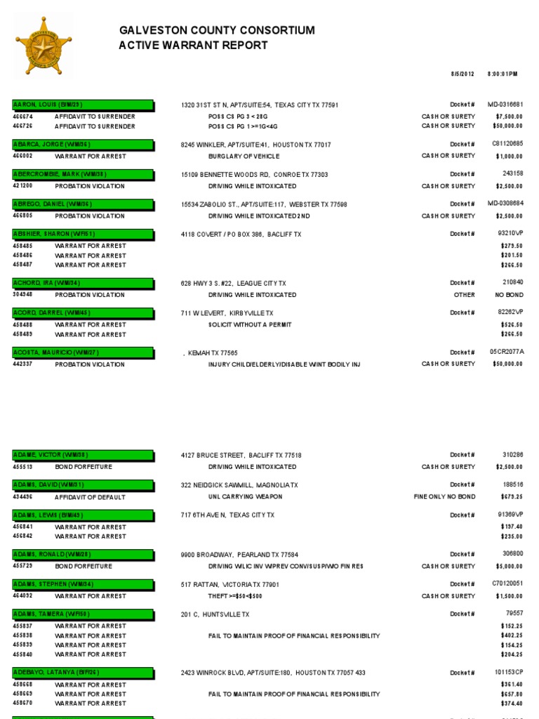 Galveston County Active Warrant Report PDF Arrest Warrant