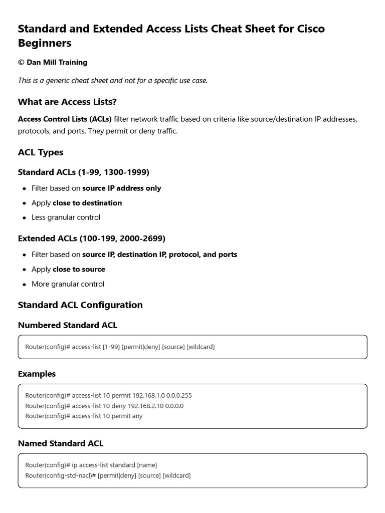 3. Standard and Extended Access Lists Cheat Sheet | PDF | Port ...
