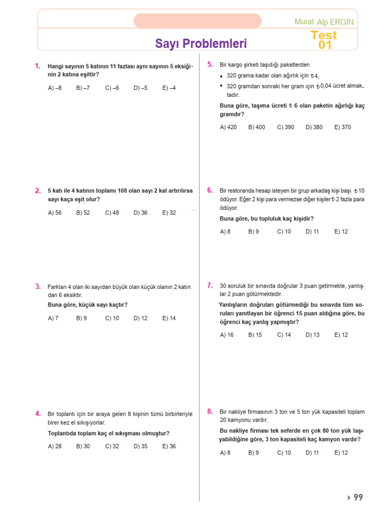 Sayı Problemleri Test 1 | PDF