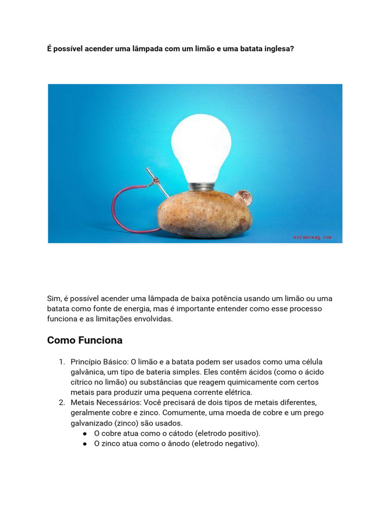 É Possível Acender Uma Lampada Com Um Limão e Uma Batata Inglesa | PDF ...